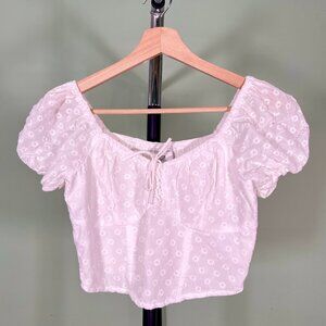 White Hollister Crop Top with Puffy Sleeves and Flowers - Women's Size S